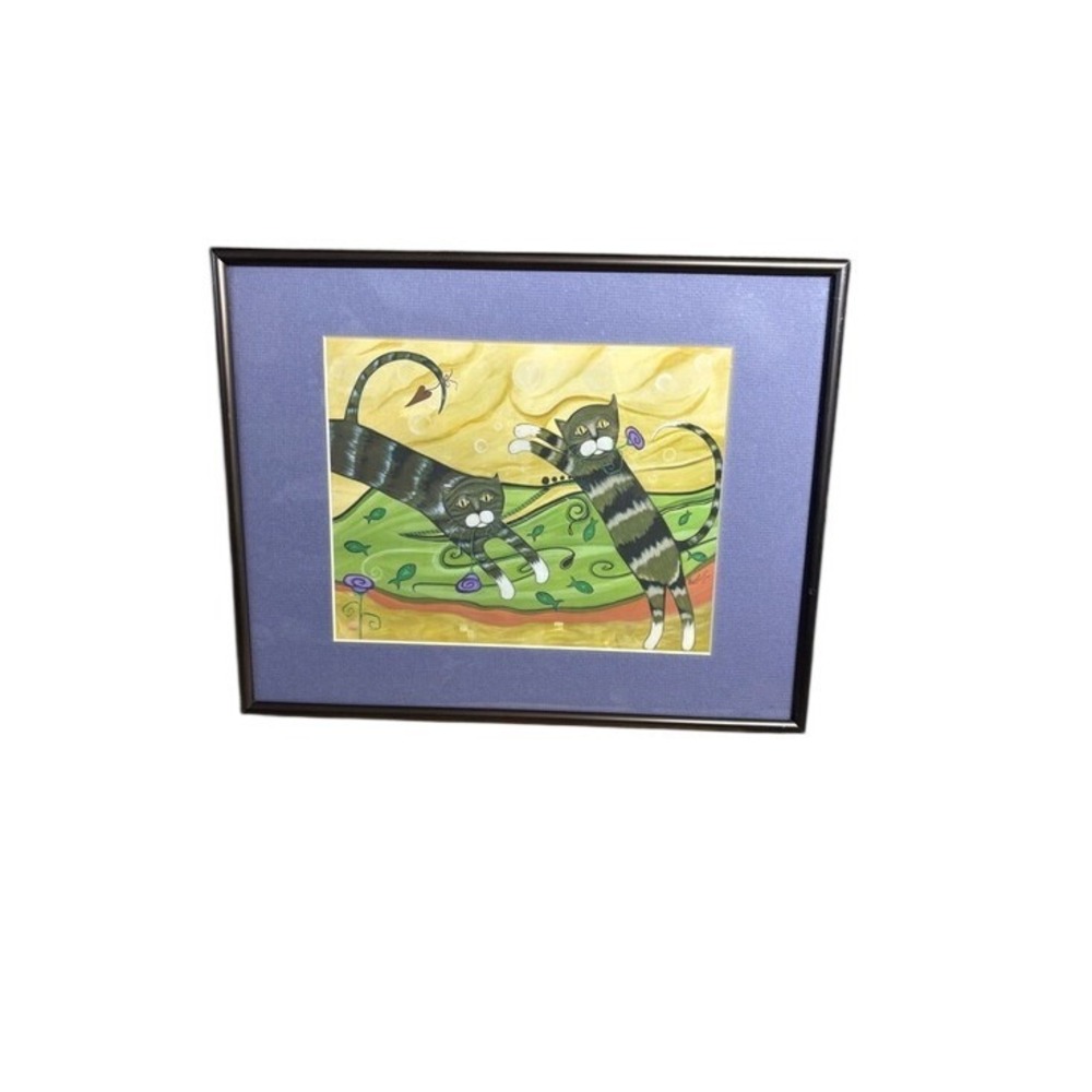 Vintage Peggy Cook Cat Roses Fish Art Print "Just Jump In" Framed Whimsical GIFT